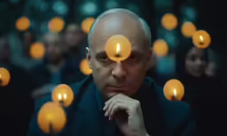 an older man with his hands on his face surrounded by candles