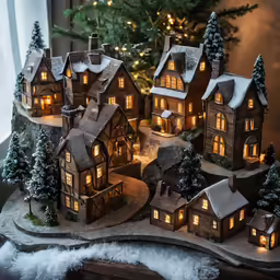 a model christmas town is displayed with lights