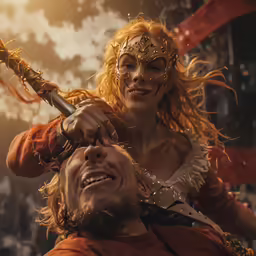 the couple is all in costume on stage