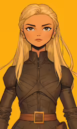 the blond hair, black dress and brown belt are featured in this picture
