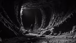a man stands in the middle of a cavern