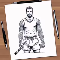 this is a pencil drawing of a man in shorts,a drawing of a man with tattoos and shorts holding a bottle,a drawing of the character david beck on paper,a man with tattoos holding a bat, and some scissors on a table,a drawing of a man with tattoos and no shirt