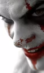 a person with painted on and wearing white and red face paint