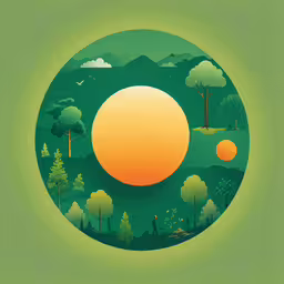 a drawing of an oval scene with trees and a mountain,the circle with trees and hills in green