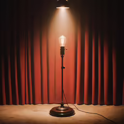 a light is on in front of red curtains