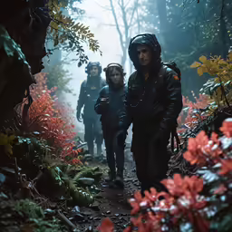 people in rain gear walking on a trail through the woods