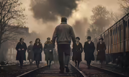 the train conductor is walking past a group of people