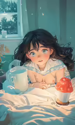 girl lying in bed with mushroom on nightstand next to coffee cup