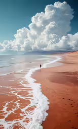 a man walking along the beach next to the water