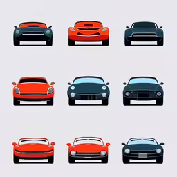 a group of four identical old fashioned automobiles,nine old cars, many with the colors red and green,a group of car, all in different colors,a couple of cars are parked in different colors,the front and back view of different colored cars