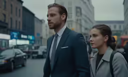 man in suit walking next to woman in black bag and grey coat