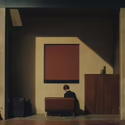 a painting with a person sitting in a brown chair