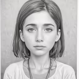 a young girl with freckles and necklaces staring at the camera