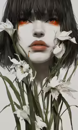 a girl in flowery dress with red eyes, and bangs