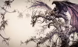 a bird is perched on a branch of a dead tree