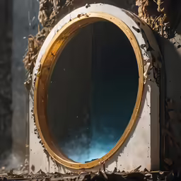 there is a round mirror on a shelf in the wall