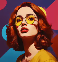 a woman wearing glasses with a bright background,woman with yellow glasses with big yellow rimmed round glasses