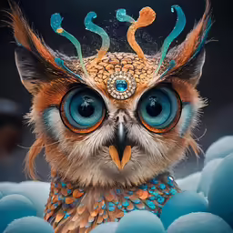 an owl with blue and orange feathers is wearing a weird headdress