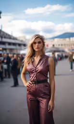 a woman with blonde hair wearing wide legged purple pants