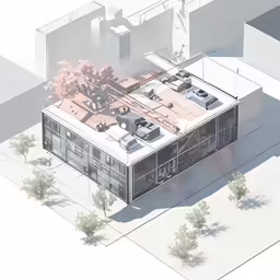 an overhead view of a building with trees and buildings in the background