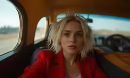 there is a female that is sitting in the back seat of a car