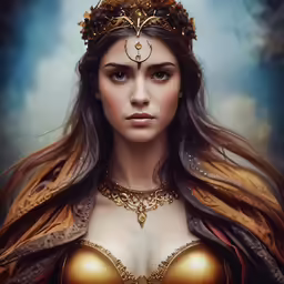 a woman with a crown in a gold outfit