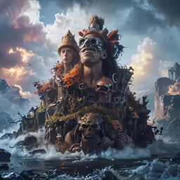 two people, in costume, floating on land in the middle of the water