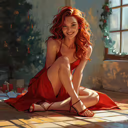 a painting of a girl in red dress sitting on the floor,a woman is sitting on the floor near presents