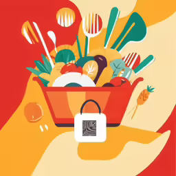 a large orange basket full of cooking utensils