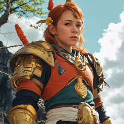 a female in armor and red hair looking off into the distance