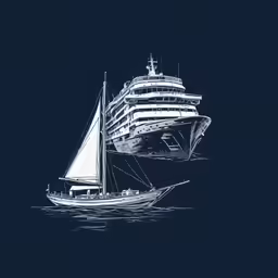 a sailboat floating next to a cruise ship
