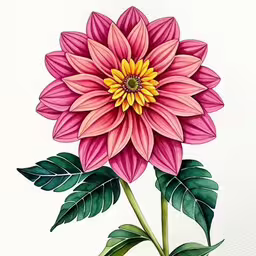 a flower with green leaves is shown on the watercolor paper,the beautiful pink flower is blooming on a white background,an illustration of a pink flower with green leaves,a flower that has been colored and has large leaves,a pink flower with green leaves is shown