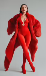 a woman in a red dress and fur coat is shown with her arms out