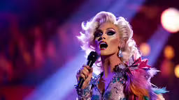 lady with a microphone and colorful hair on stage,lady wearing an elaborate outfit singing on stage