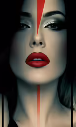 the woman has long hair and bright red lipstick