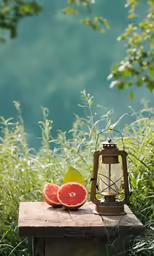 an old - fashioned lantern sits next to a grapefruit, as it sits on an outdoor table in the grass