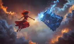 an illustration of a girl floating in the clouds above another floating