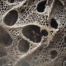 a man looks out from an unusual structure, covered in sand