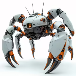 a white robot with orange feet and a head is walking around