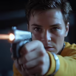 a young man pointing a gun at something