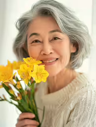 a older woman smiles as she holds flowers,a woman holding yellow flowers is smiling