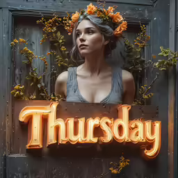 a woman in a wreath is standing by a sign with flowers on her head