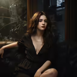a woman sitting on top of a black couch