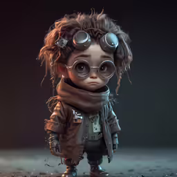 a character with goggles, a scarf, and a leather coat is standing on pavement