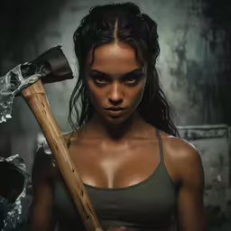 a woman with a ax axs and a dark background