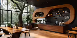 the large wooden table sits in front of a window