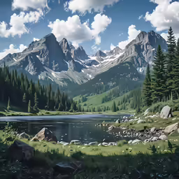 a mountain with snow in the top, green grass and bushes near water