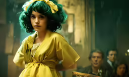 a young woman with a green hair and yellow dress is holding a knife