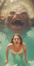 woman floating in a pool with an orangua head above her