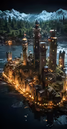 an island in the middle of a body of water is lit up at night